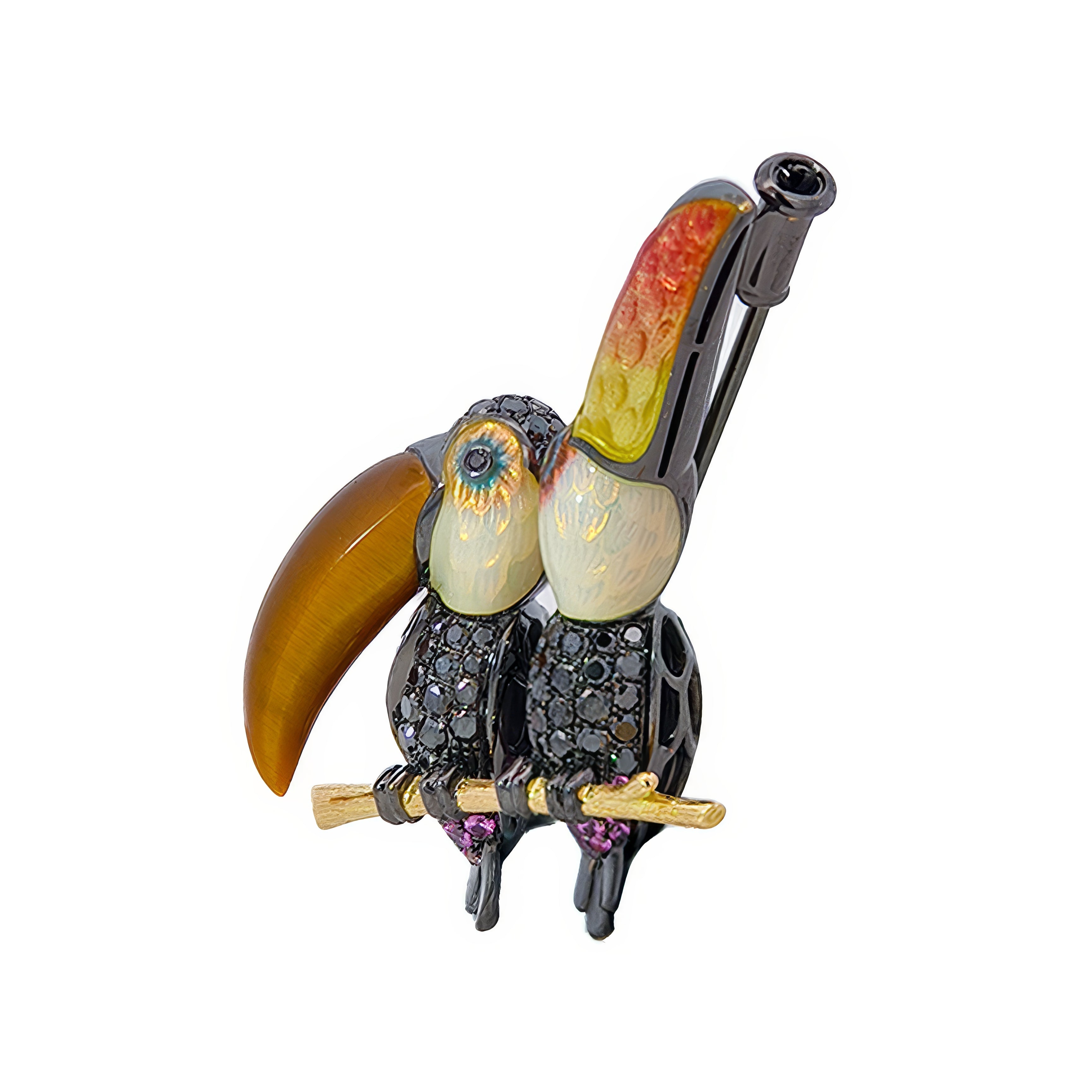 18KT Yellow Gold Duet Toucans Brooch with Pink Sapphires, Diamonds, Tiger’s Eye & Enamel