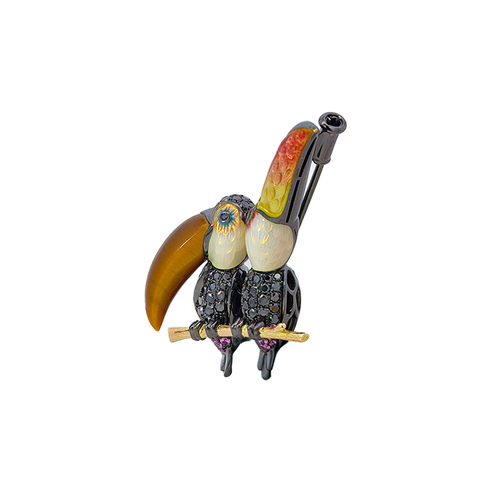 18KT Yellow Gold Duet Toucans Brooch with Pink Sapphires, Diamonds, Tiger’s Eye & Enamel