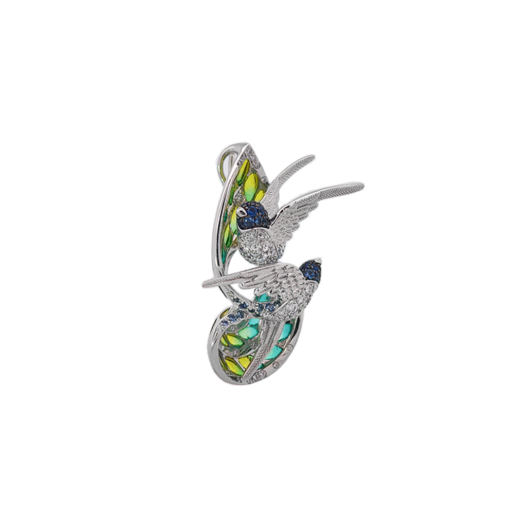 18KT White Gold Duet Pendant with Enamel, Sapphires & Diamonds