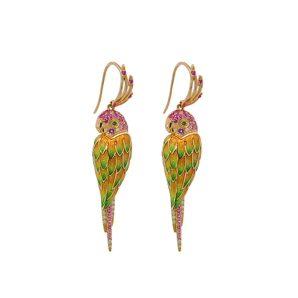 18KT Yellow Gold Tropic Parrot Earrings with Pink Sapphires, Tsavorite & Diamonds