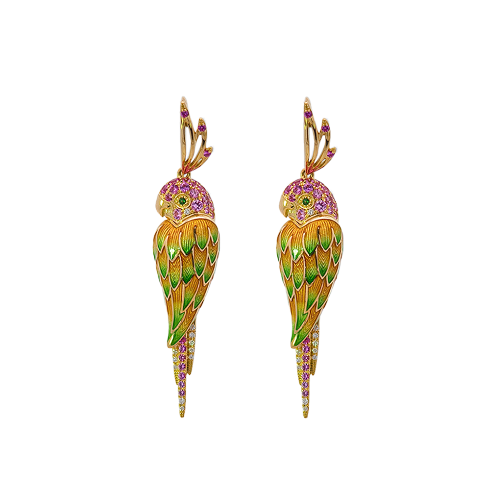 18KT Yellow Gold Tropic Parrot Earrings with Pink Sapphires, Tsavorite & Diamonds