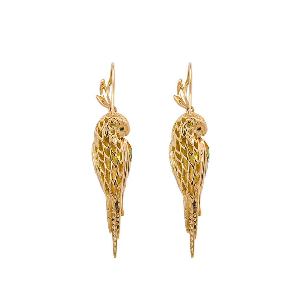 18KT Yellow Gold Tropic Parrot Earrings with Pink Sapphires, Tsavorite & Diamonds
