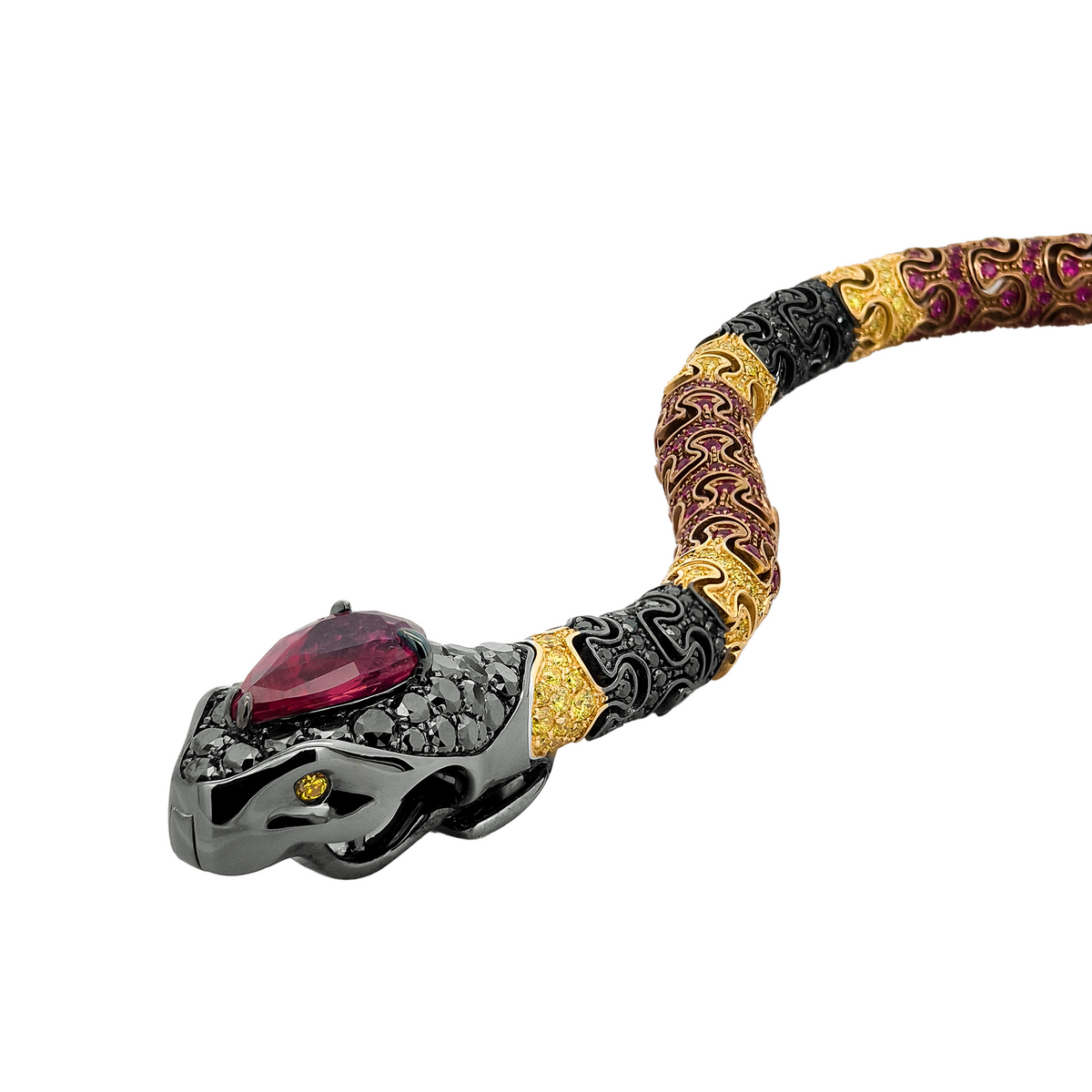 18KT Yellow Gold with Black Rhodium & Brown Rhodium , Ruby & Diamond Snake Bracelet