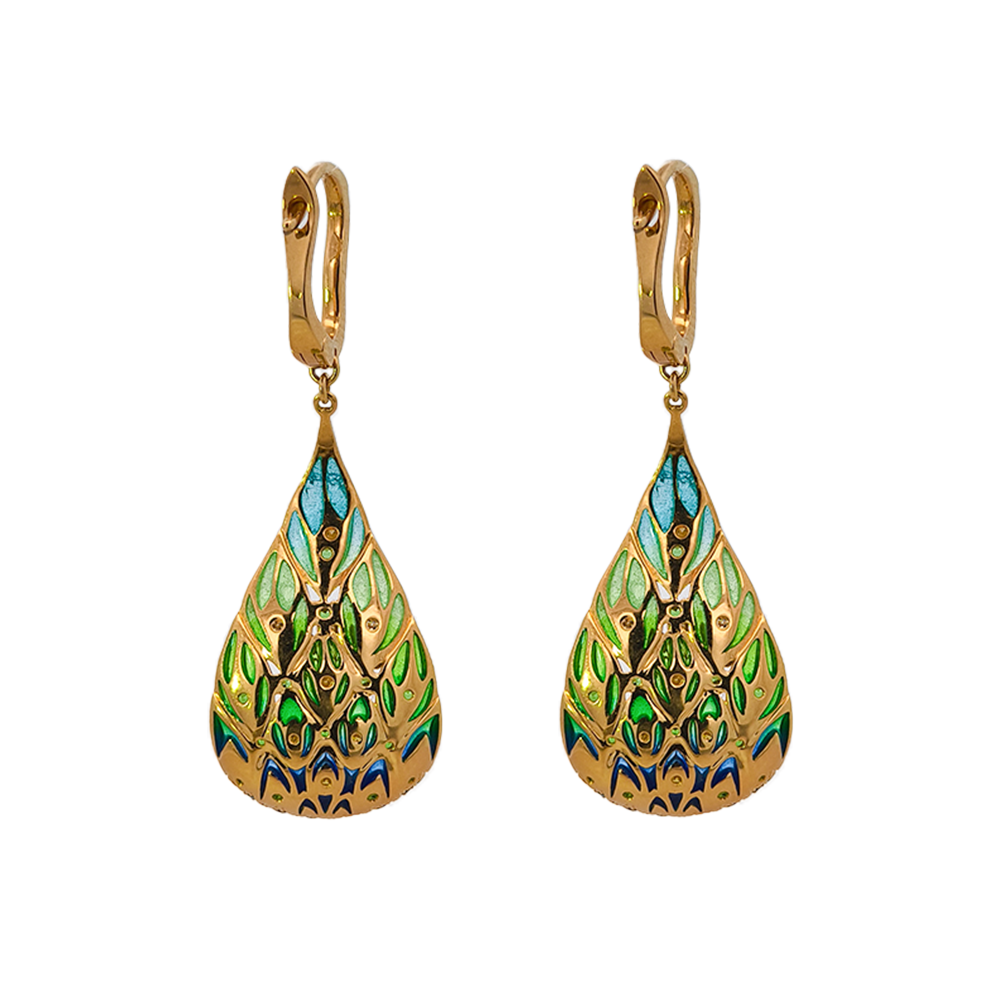 18KT Yellow Gold Enamel, Sapphire, Tsavorite & Diamond Earrings