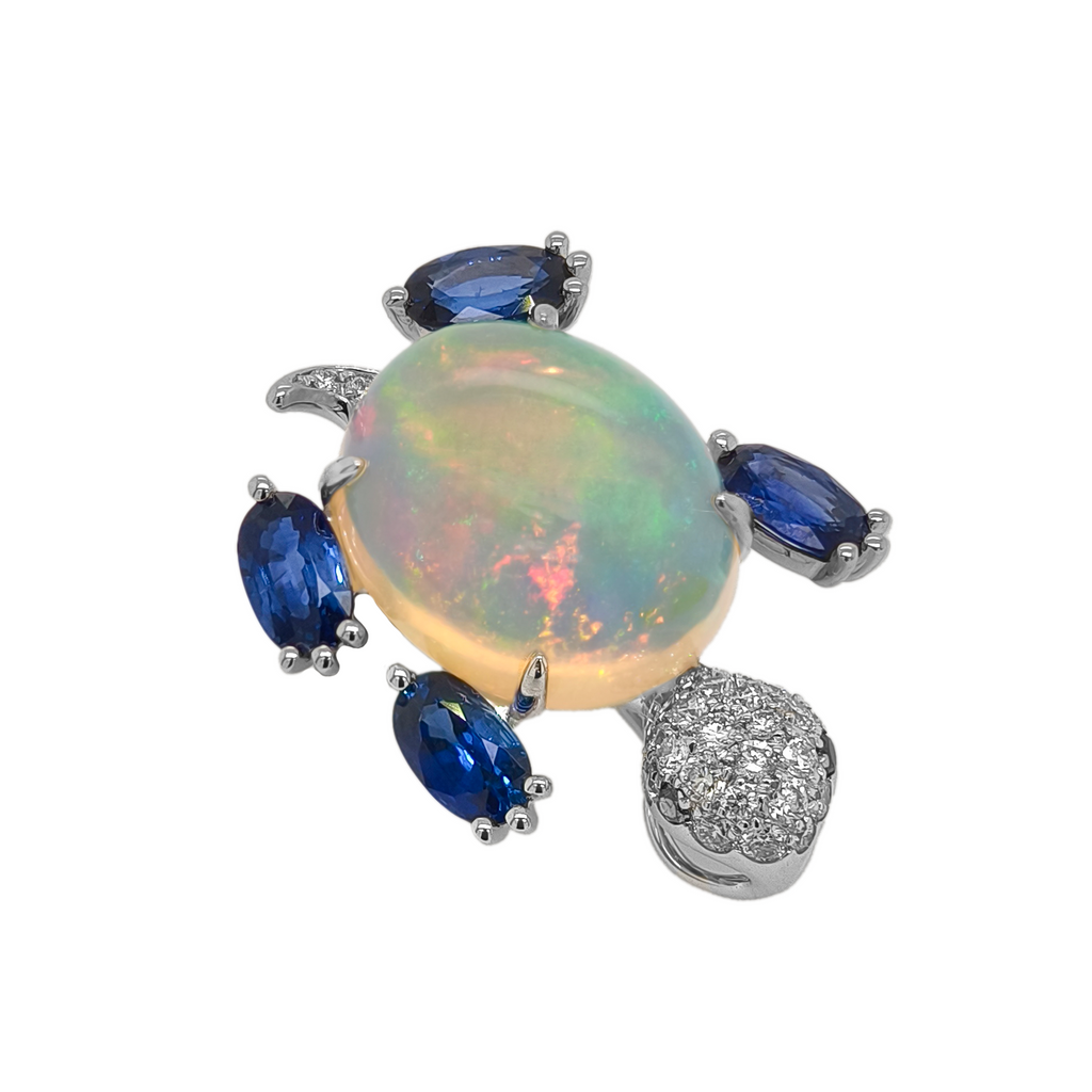 18KT White Gold with Opal, Sapphire & Diamond Turtle Brooch / Pendant