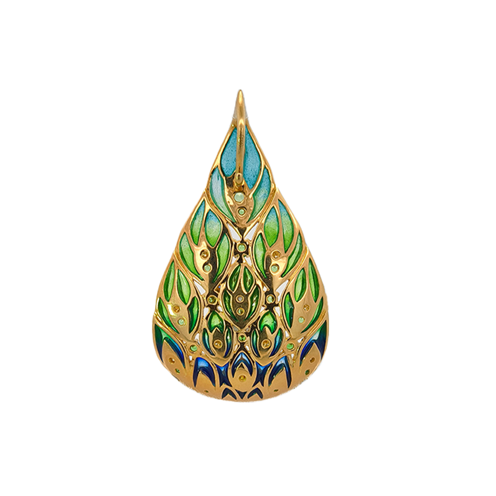 18KT Yellow Gold Enamel, Sapphire, Tsavorite & Diamond Pendant