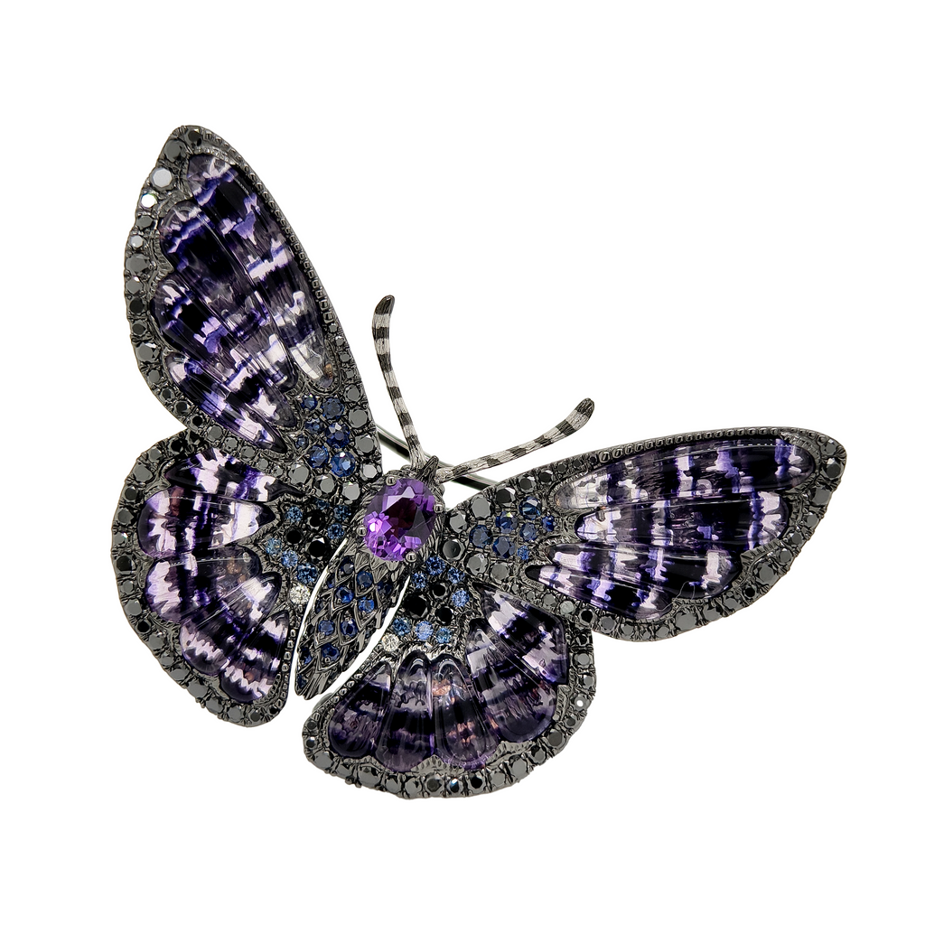 18KT Yellow Gold Amethyst, Sapphire & Diamond Butterfly Brooch