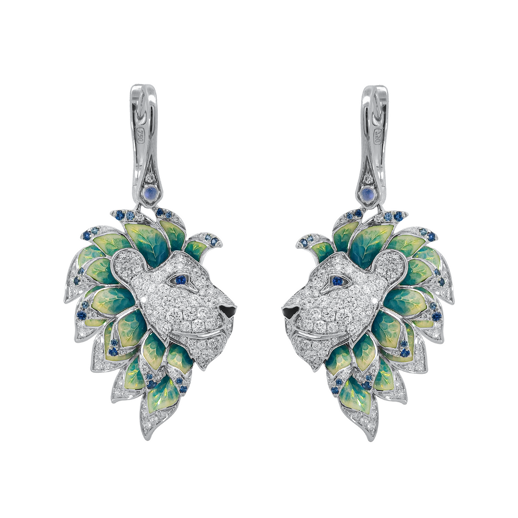 18KT Yellow Gold Enamel, Moonstone, Sapphire & Diamond Earrings