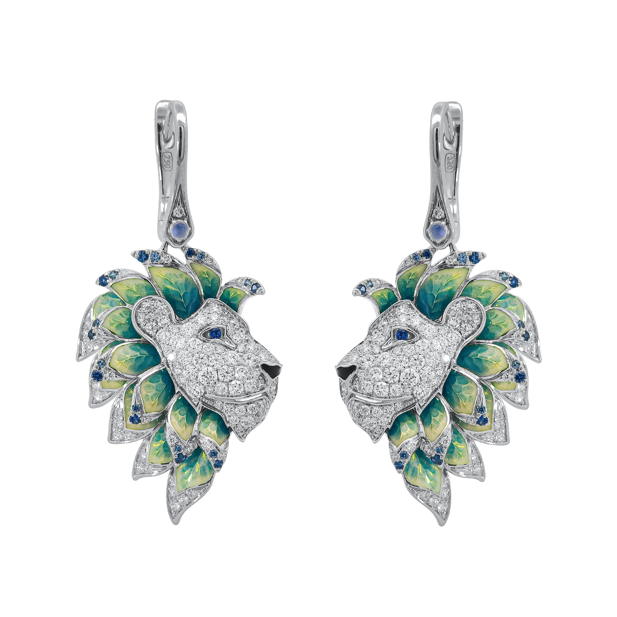 18KT Yellow Gold Enamel, Moonstone, Sapphire & Diamond Earrings