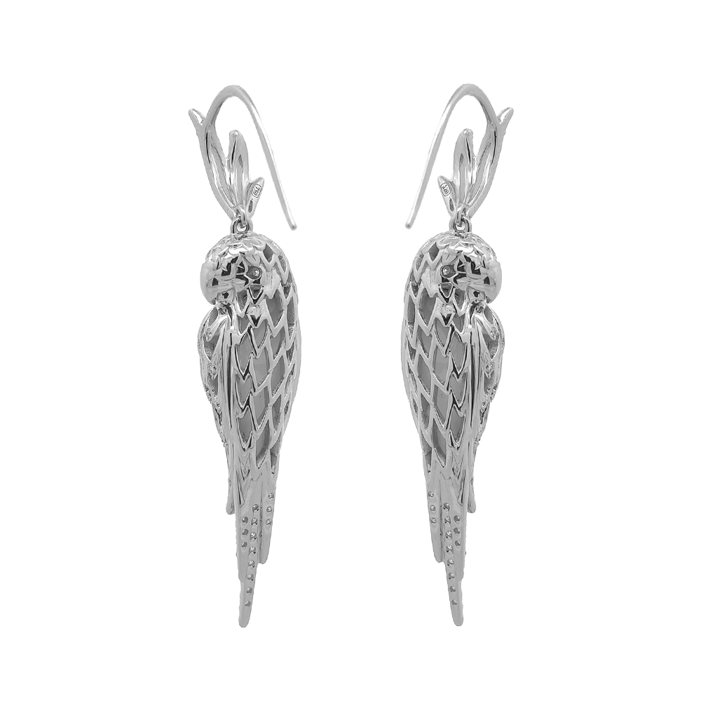 18KT White Gold Tropic Parrot Earrings with White Agate & Diamonds