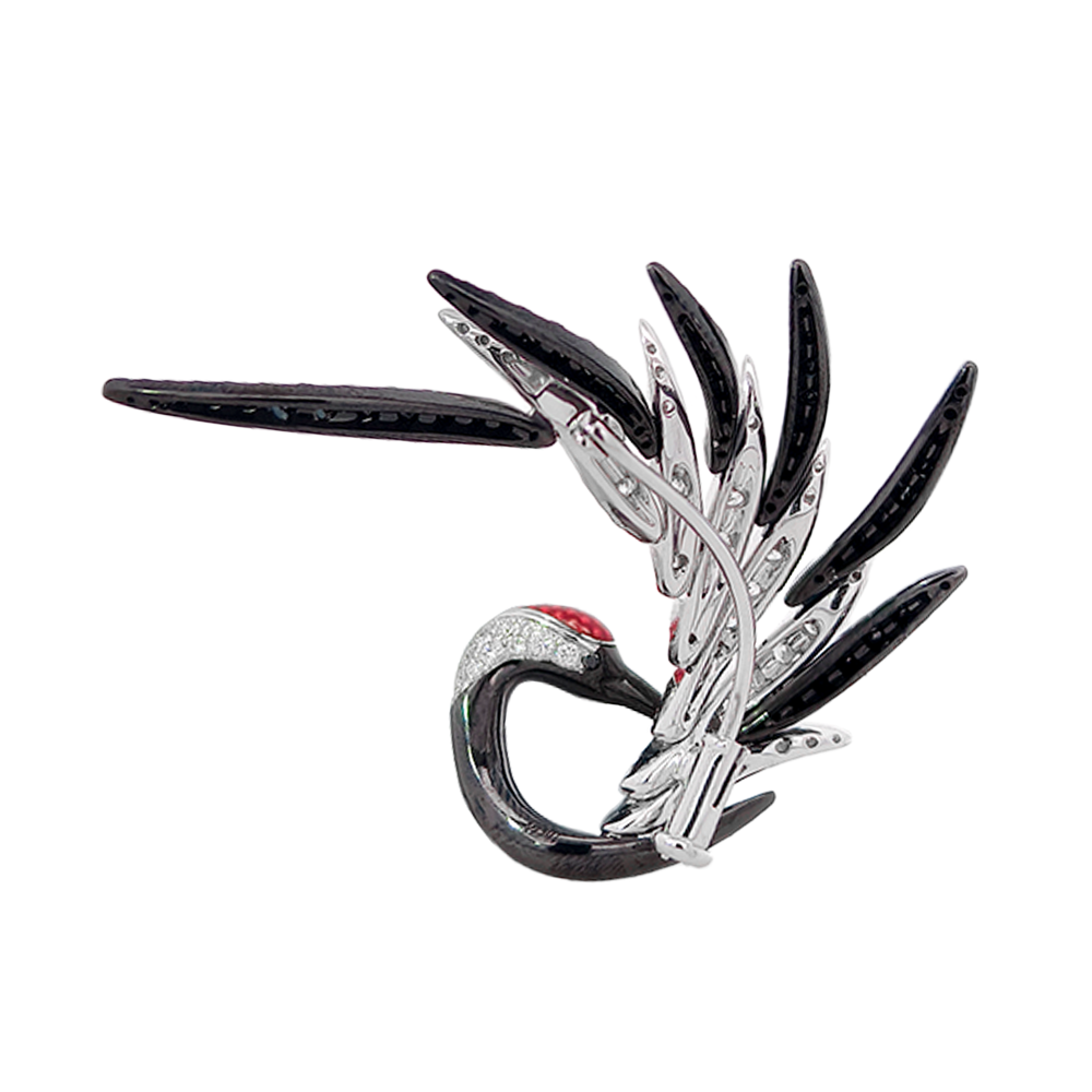 18KT White Aether Red-crowned Crane Brooch with Enamel & Diamonds
