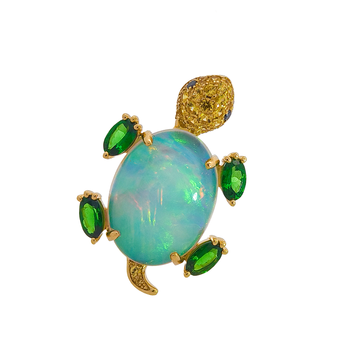 18KT Yellow Gold with Opal, Tsavorite, Sapphire & Diamond Turtle Brooch / Pendant