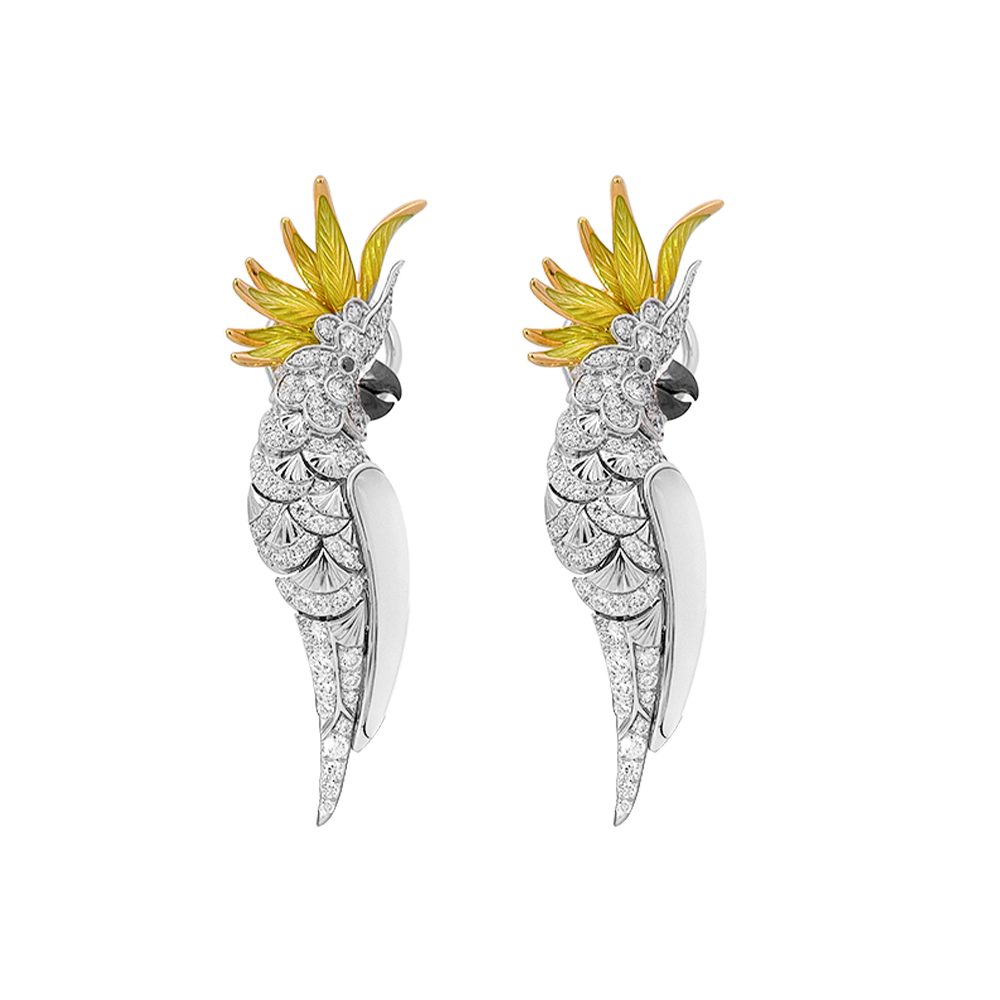 18KT White & Yellow Gold Tropic Cockatoo Earrings with Enamel, Mother-of-Pearl & Diamonds