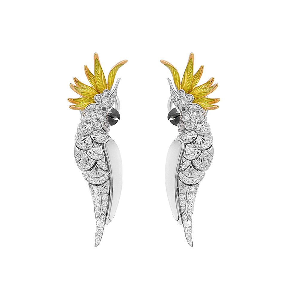 18KT White & Yellow Gold Tropic Cockatoo Earrings with Enamel, Mother-of-Pearl & Diamonds