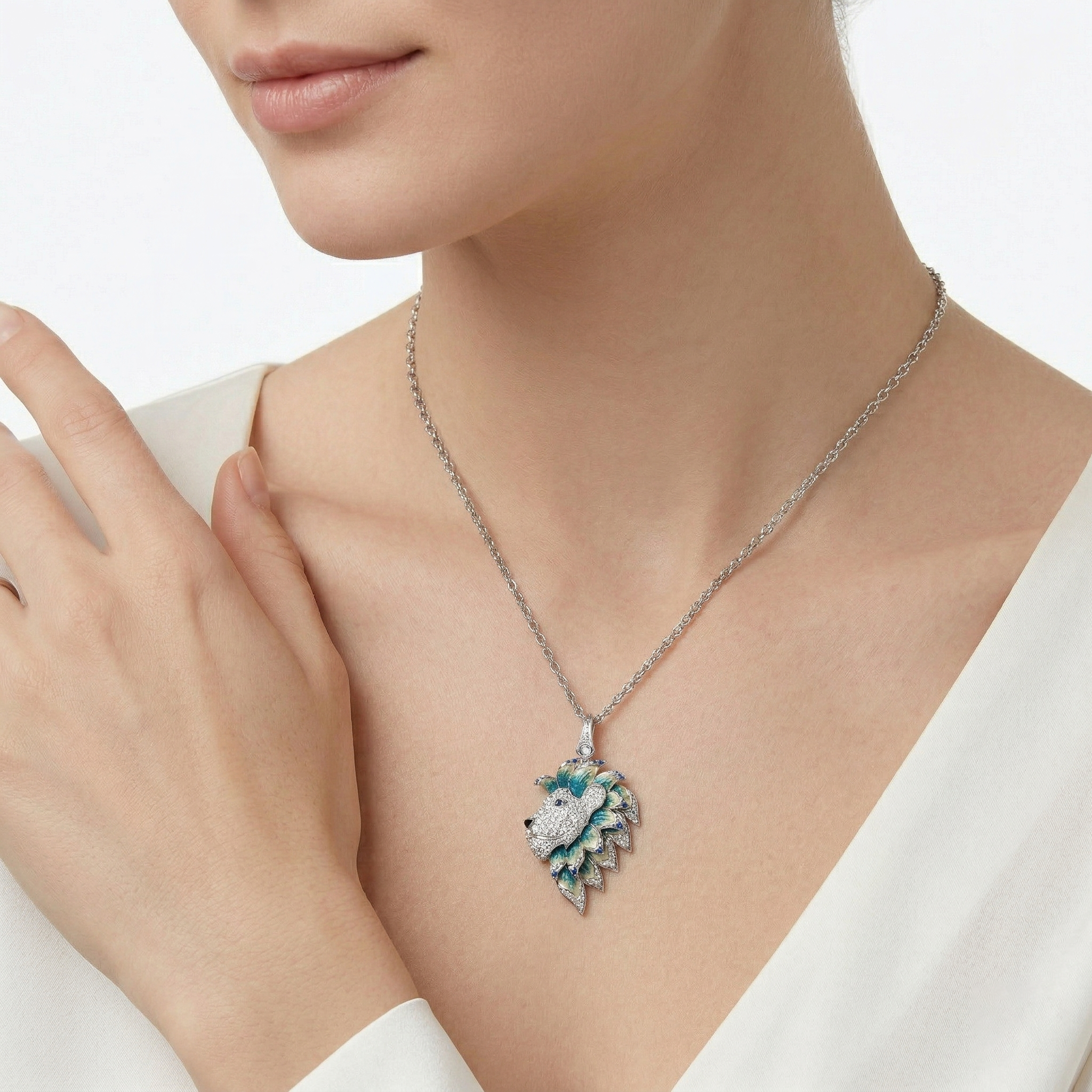 18KT Yellow Gold Enamel, Moonstone, Sapphire & Diamond Pendant
