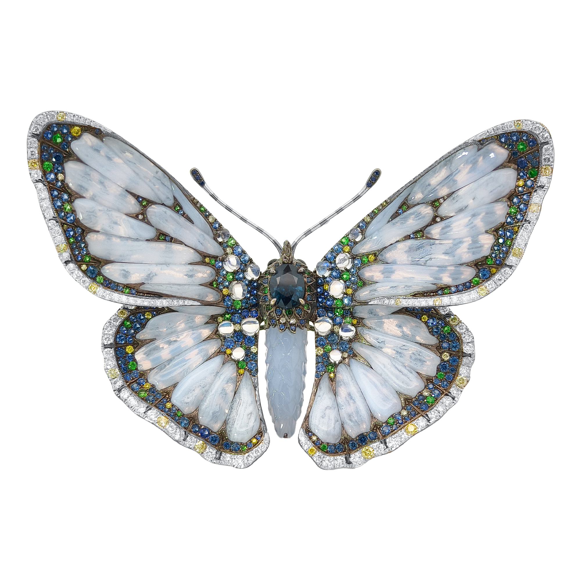 18K White Gold Butterfly Brooch with Sapphires, Tsavorite, Diamonds & Rainbow Color Stones