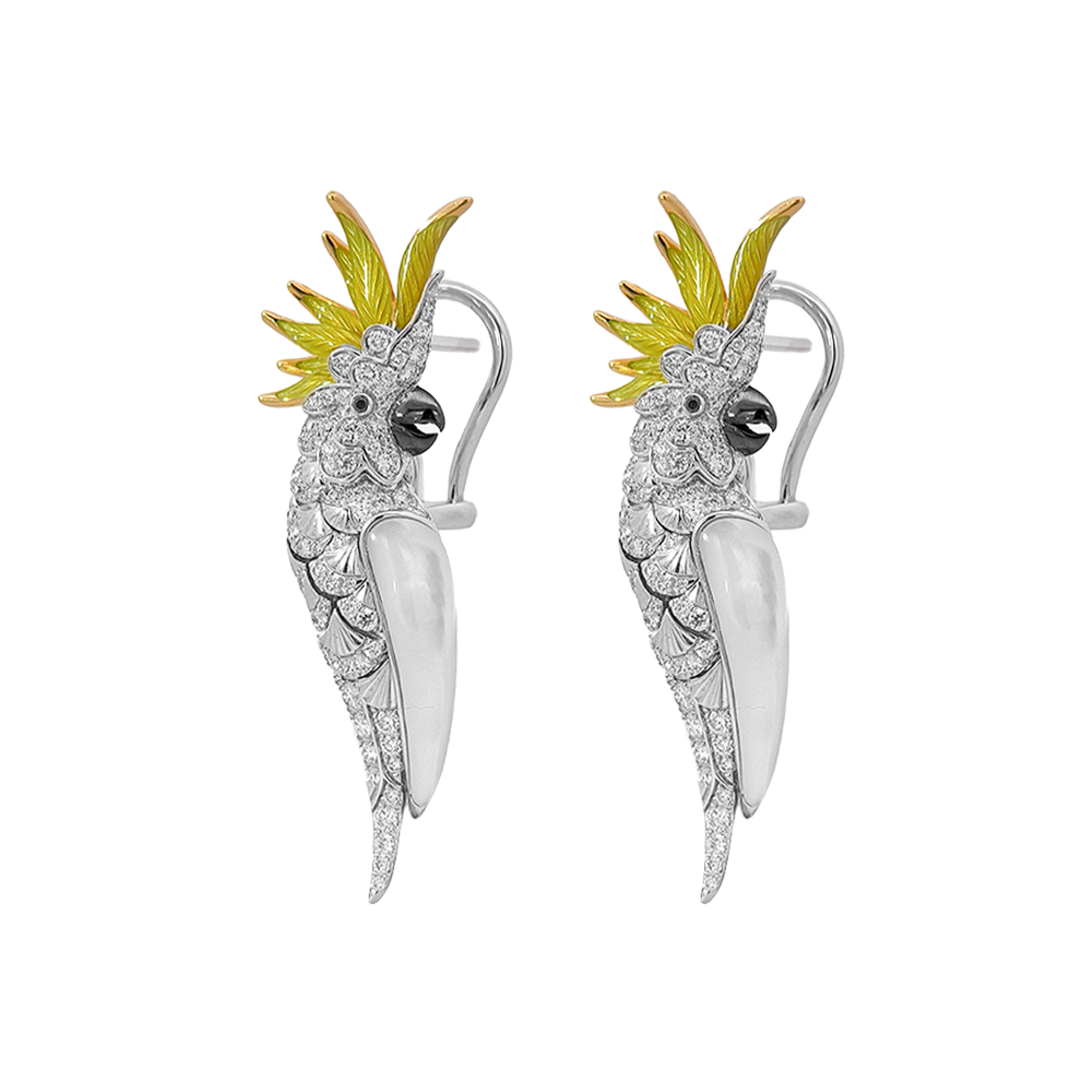 18KT White & Yellow Gold Tropic Cockatoo Earrings with Enamel, Mother-of-Pearl & Diamonds