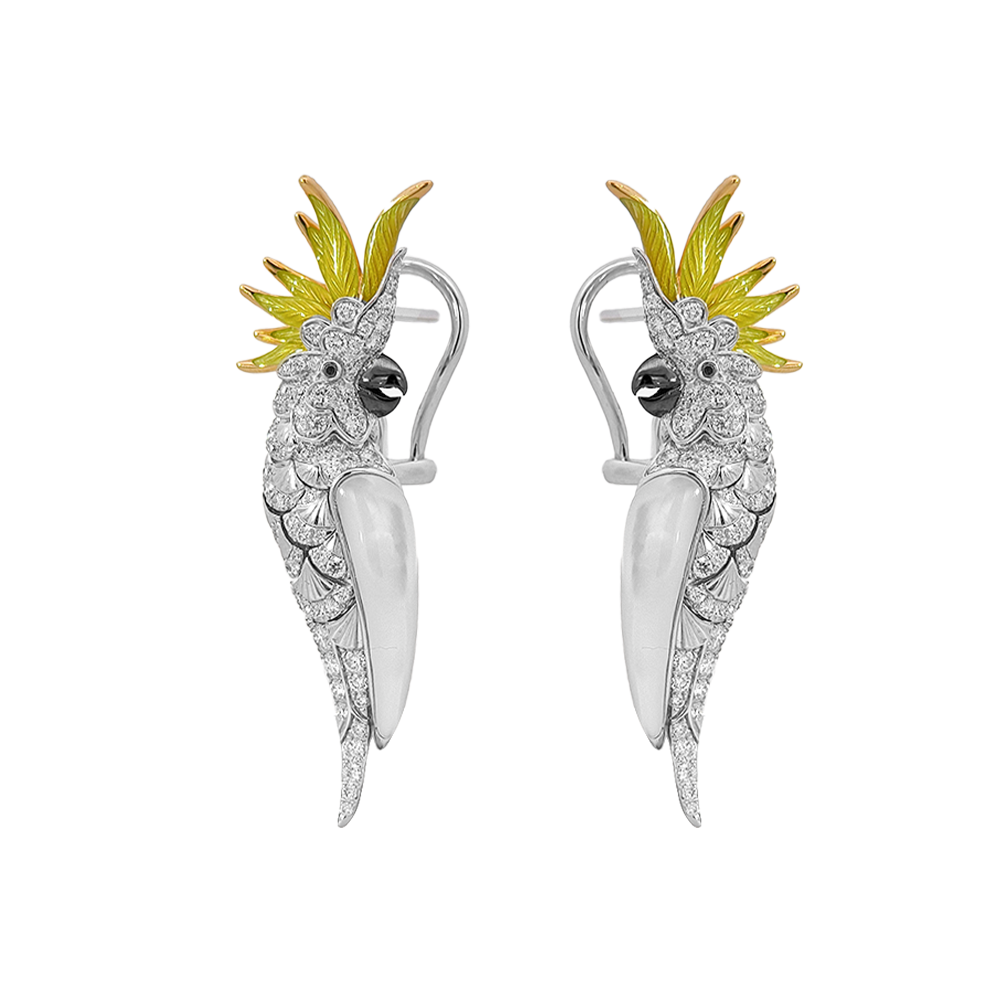 18KT White & Yellow Gold Tropic Cockatoo Earrings with Enamel, Mother-of-Pearl & Diamonds