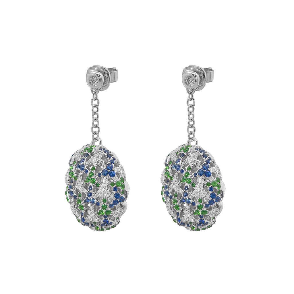 18KT White Gold Tsavorite & Sapphire & Diamond Earrings