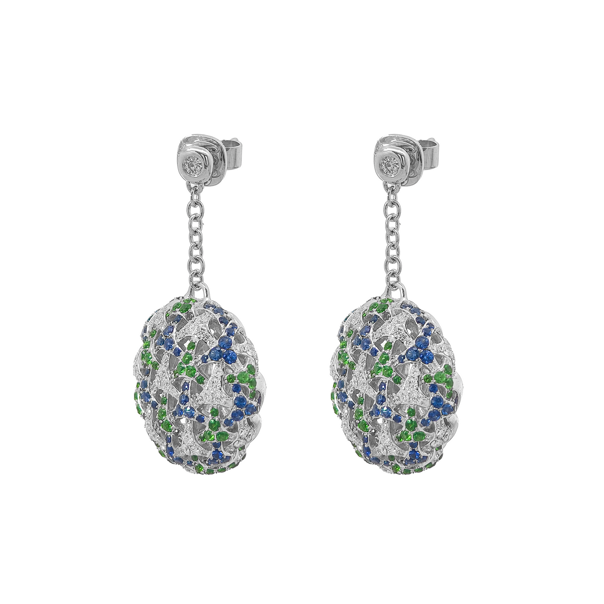 18KT White Gold Tsavorite & Sapphire & Diamond Earrings