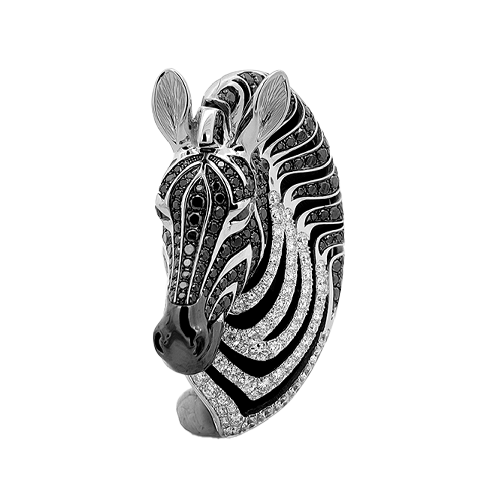 18KT White Gold Zebra Brooch with Onyx & Black/White Diamonds