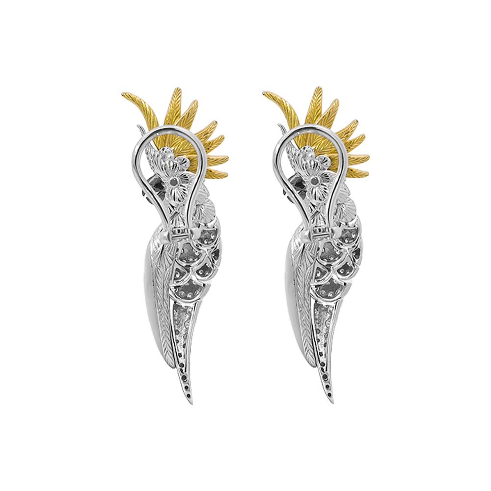 18KT White & Yellow Gold Tropic Cockatoo Earrings with Enamel, Mother-of-Pearl & Diamonds