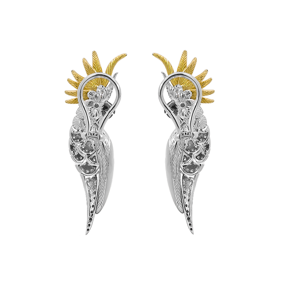 18KT White & Yellow Gold Tropic Cockatoo Earrings with Enamel, Mother-of-Pearl & Diamonds