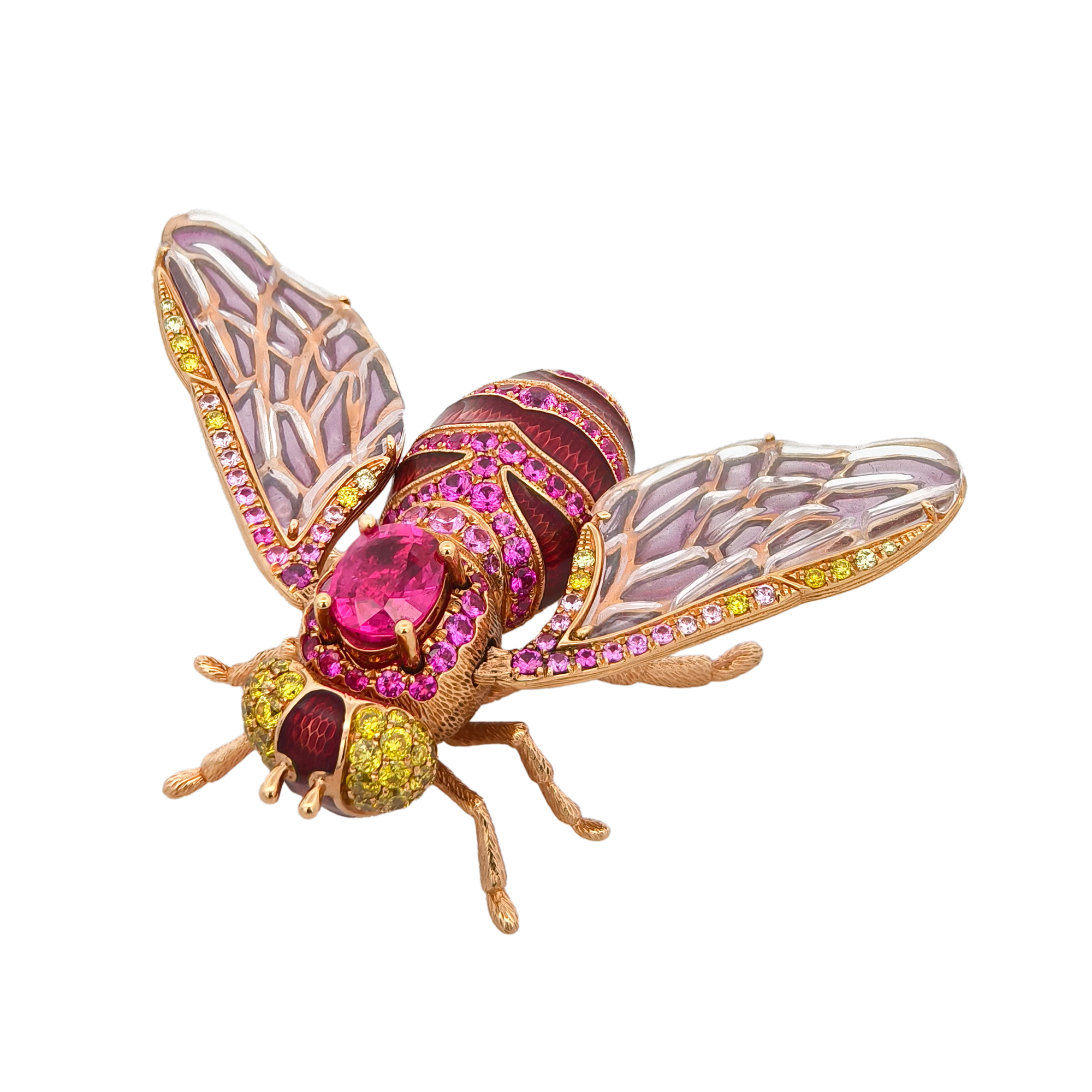 18K Rose Gold Bee Brooch with Enamel, Ruby, Sapphire & Diamond