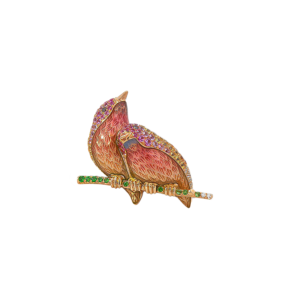 18KT Rose Gold Duet Lovebirds Brooch with Sapphires, Tsavorites, Diamonds & Enamel