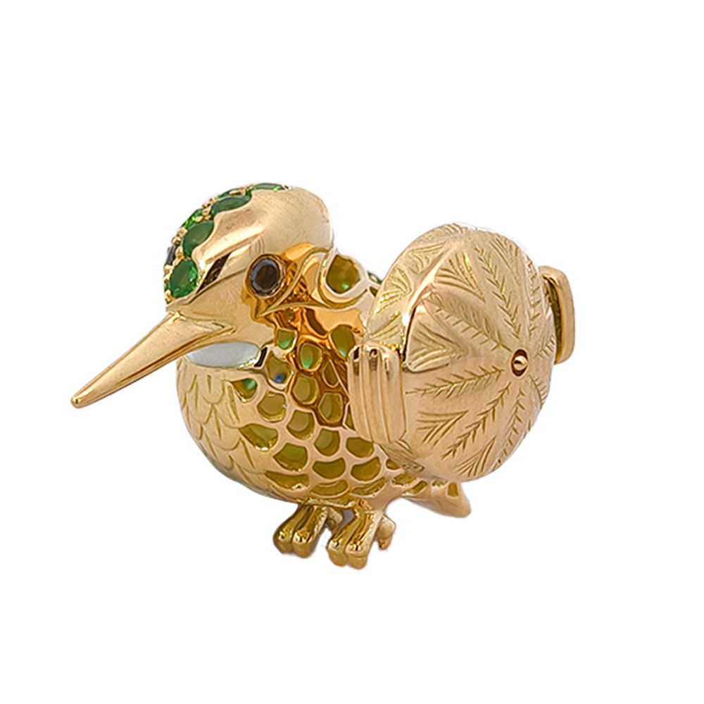 18KT Yellow Gold Breeze Kingfisher Brooch with Tsavorites, Sapphires & Diamonds