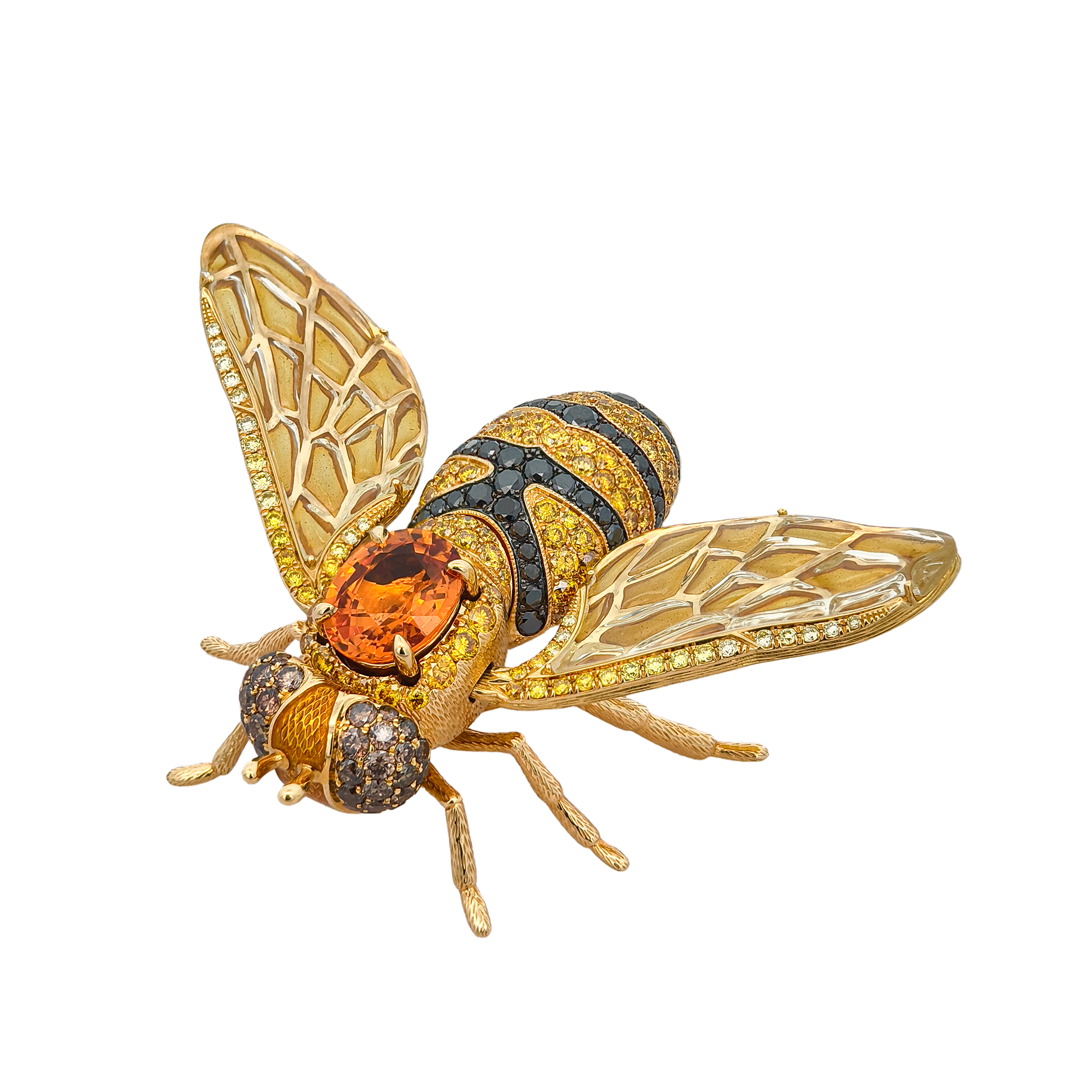 18K Yellow Gold Bee Brooch with Enamel, Lemon Quartz & Multi-Gems
