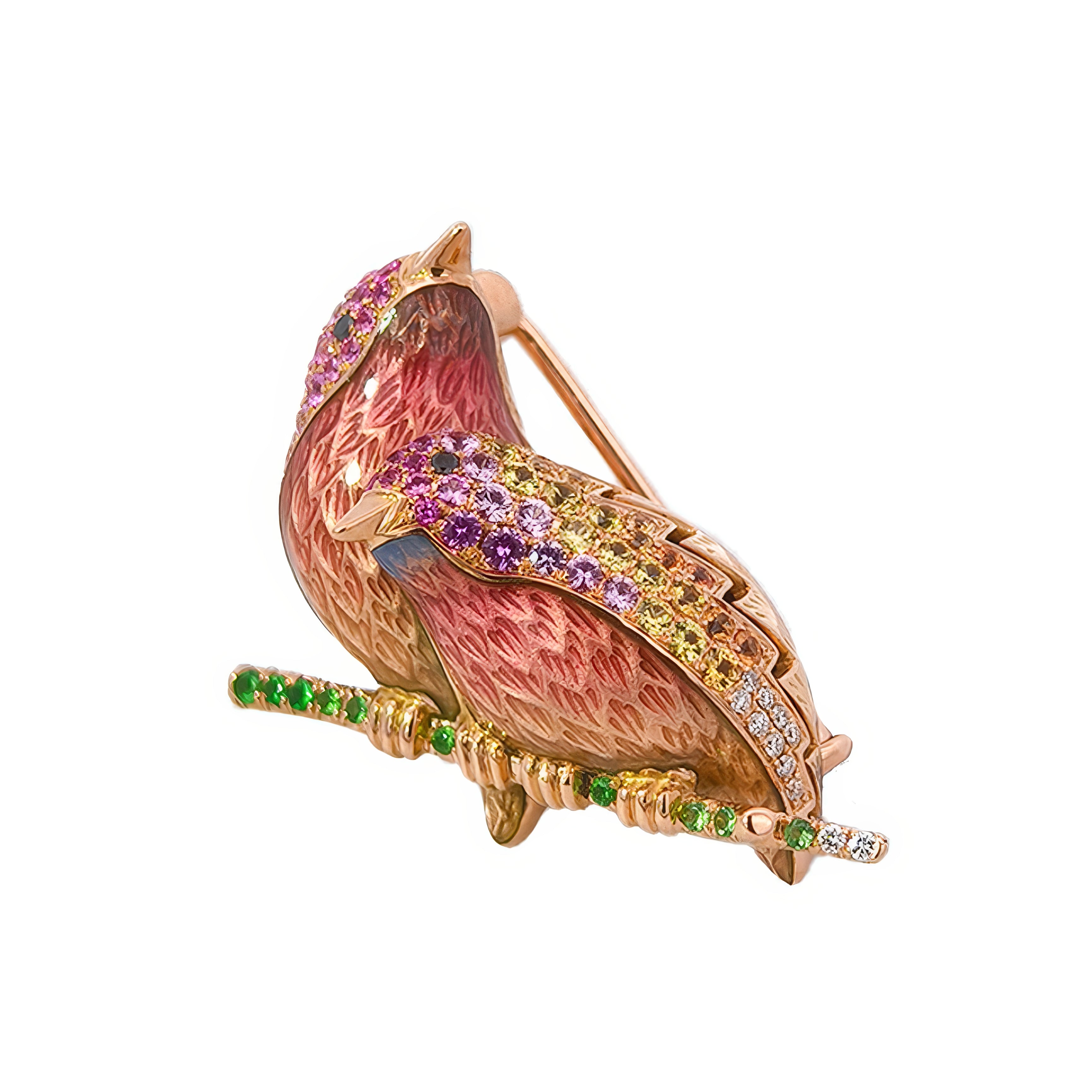 18KT Rose Gold Duet Lovebirds Brooch with Sapphires, Tsavorites, Diamonds & Enamel
