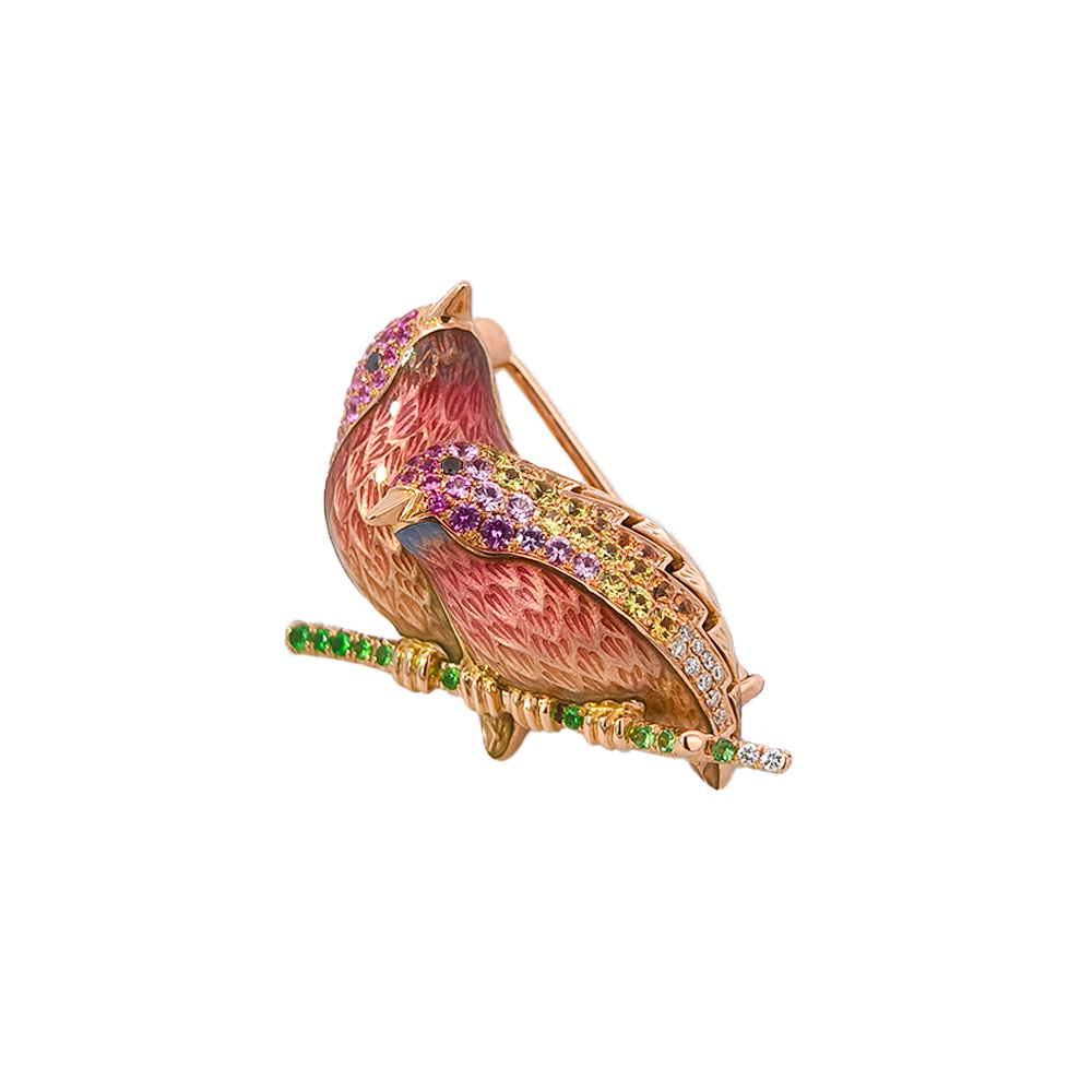 18KT Rose Gold Duet Lovebirds Brooch with Sapphires, Tsavorites, Diamonds & Enamel