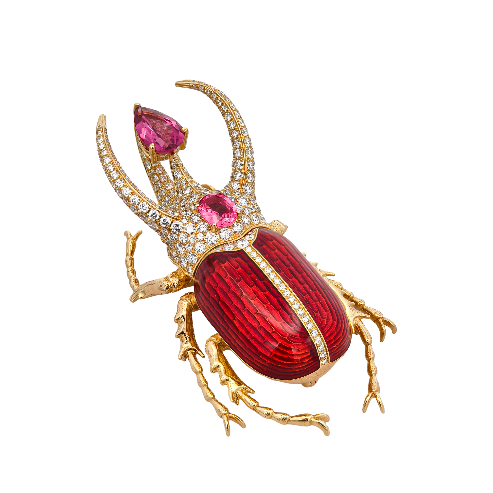 18K Yellow Gold Rhinoceros Beetle Brooch with Enamel, Spinel, Rubellite & Diamond
