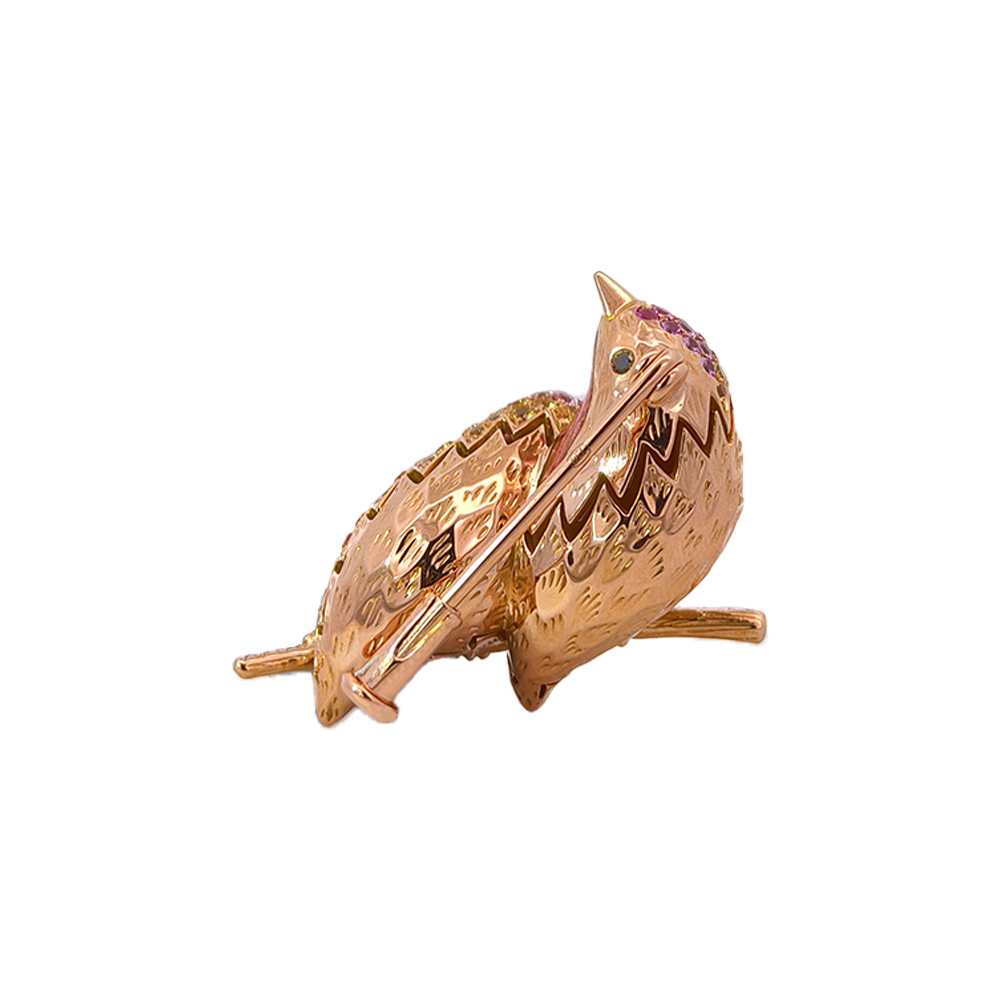 18KT Rose Gold Duet Lovebirds Brooch with Sapphires, Tsavorites, Diamonds & Enamel