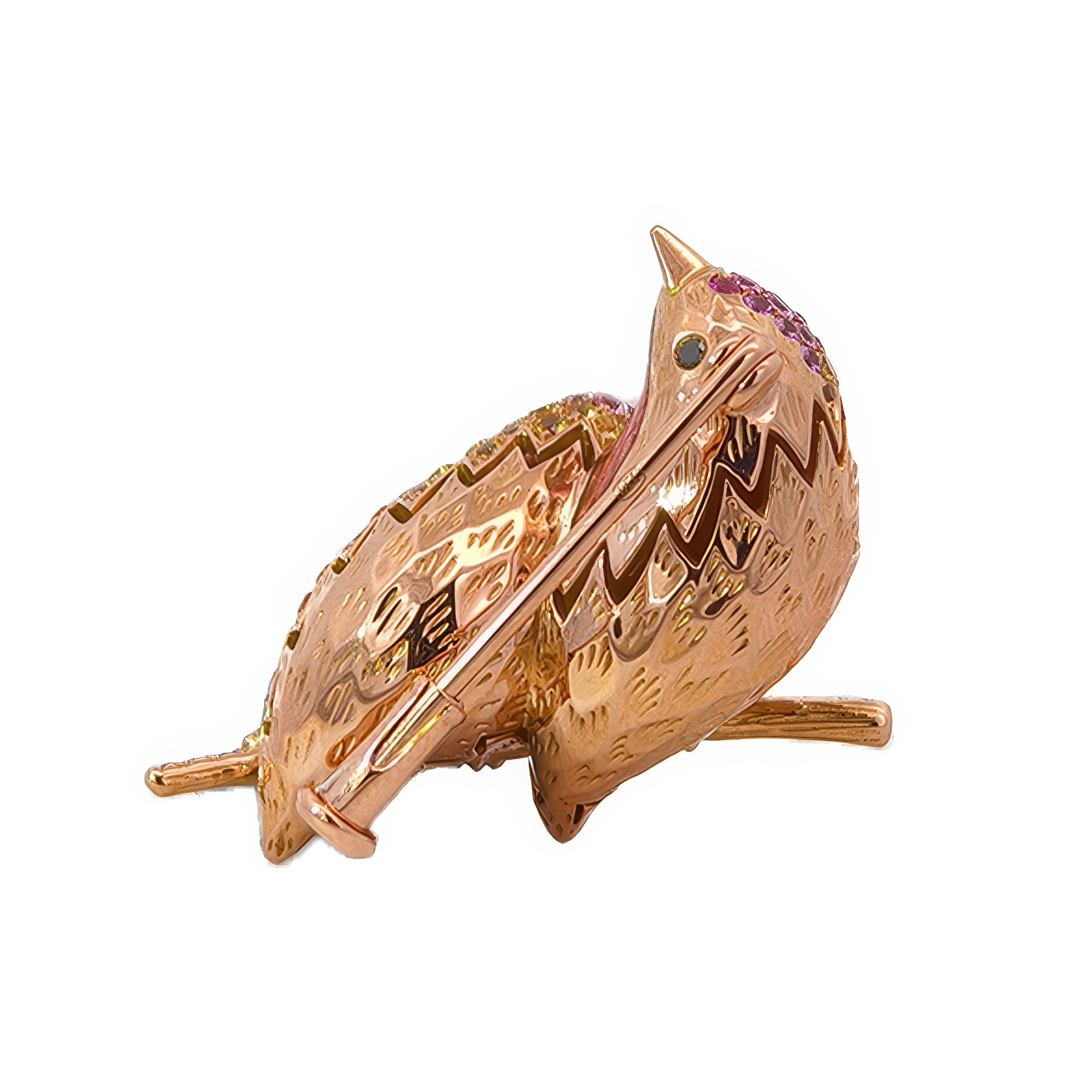 18KT Rose Gold Duet Lovebirds Brooch with Sapphires, Tsavorites, Diamonds & Enamel