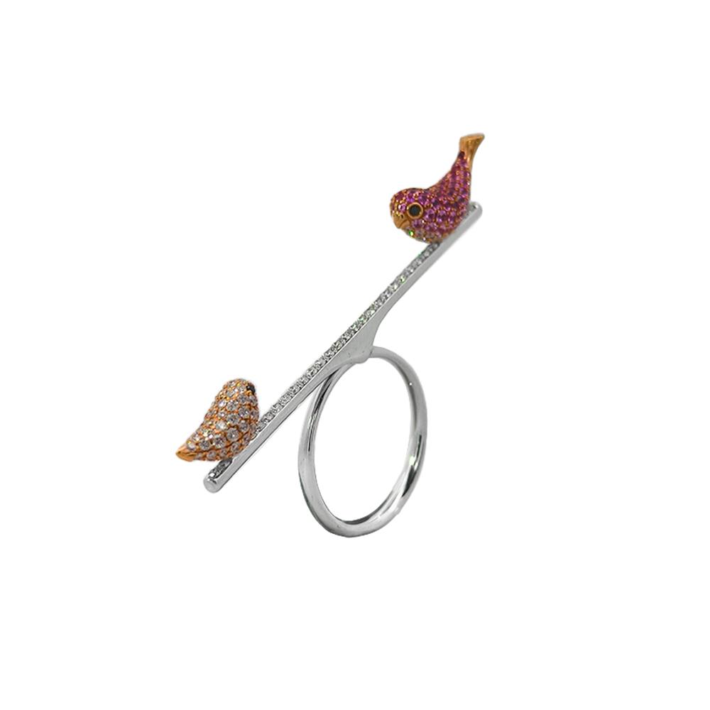 18KT White & Rose Gold Pink Sapphire, Ruby, Black Diamond & Diamond Ring