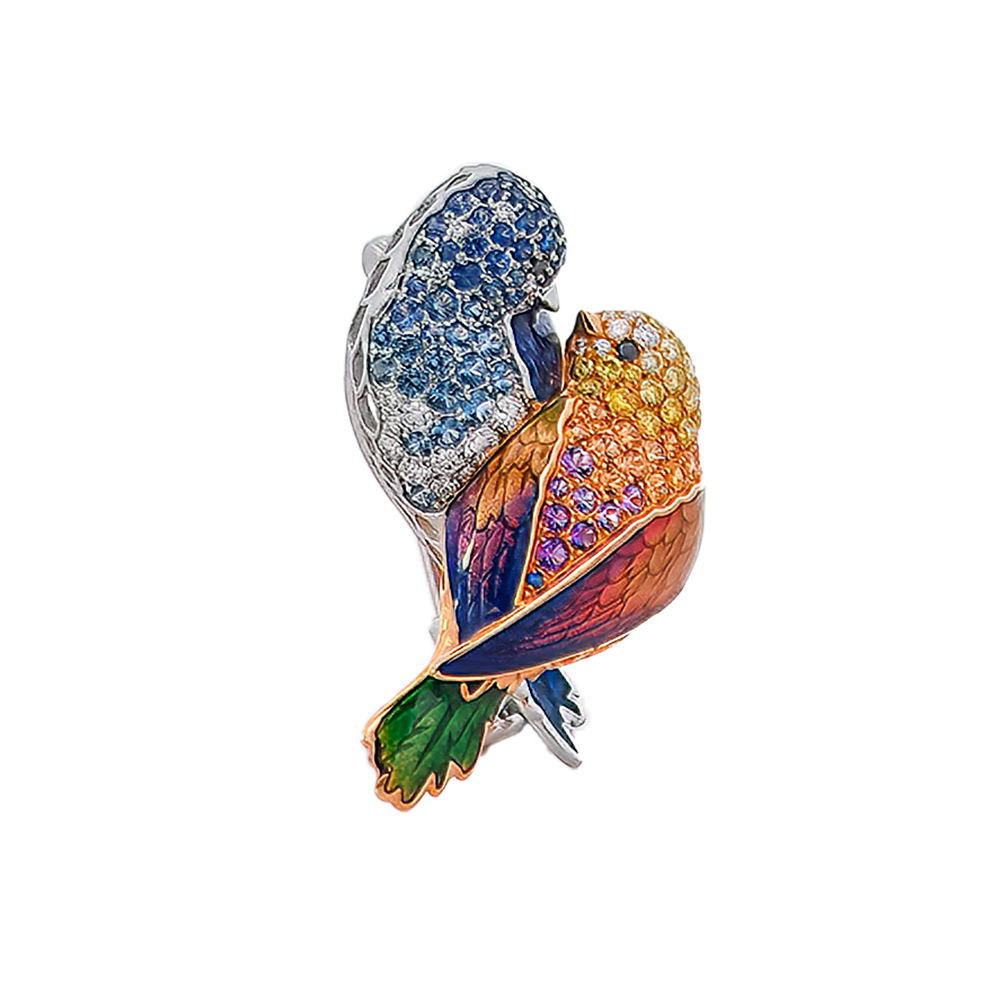 18K White & Rose Gold Duet Lovebirds Brooch with Amethysts, Sapphires, Diamonds & Enamel
