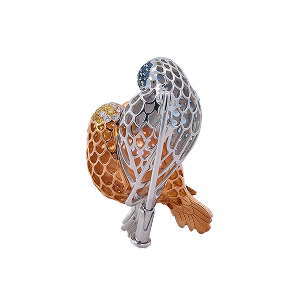 18K White & Rose Gold Duet Lovebirds Brooch with Amethysts, Sapphires, Diamonds & Enamel