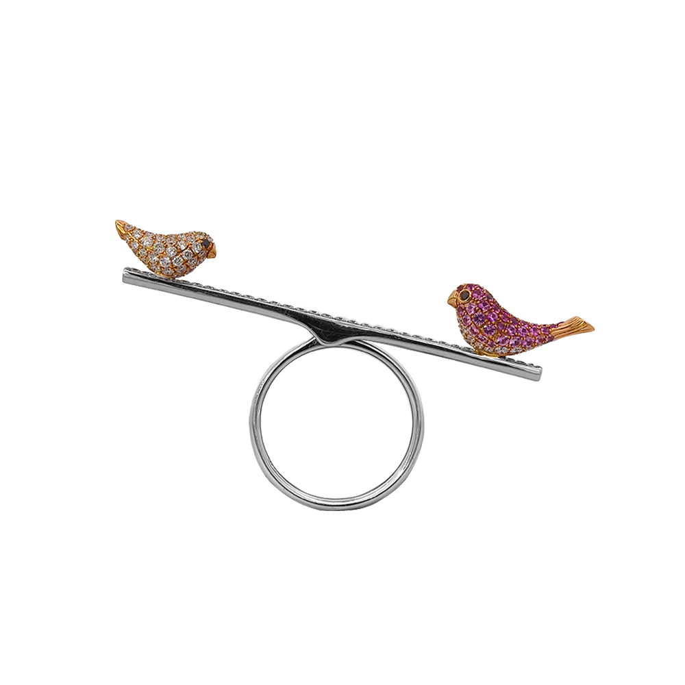 18KT White & Rose Gold Pink Sapphire, Ruby, Black Diamond & Diamond Ring