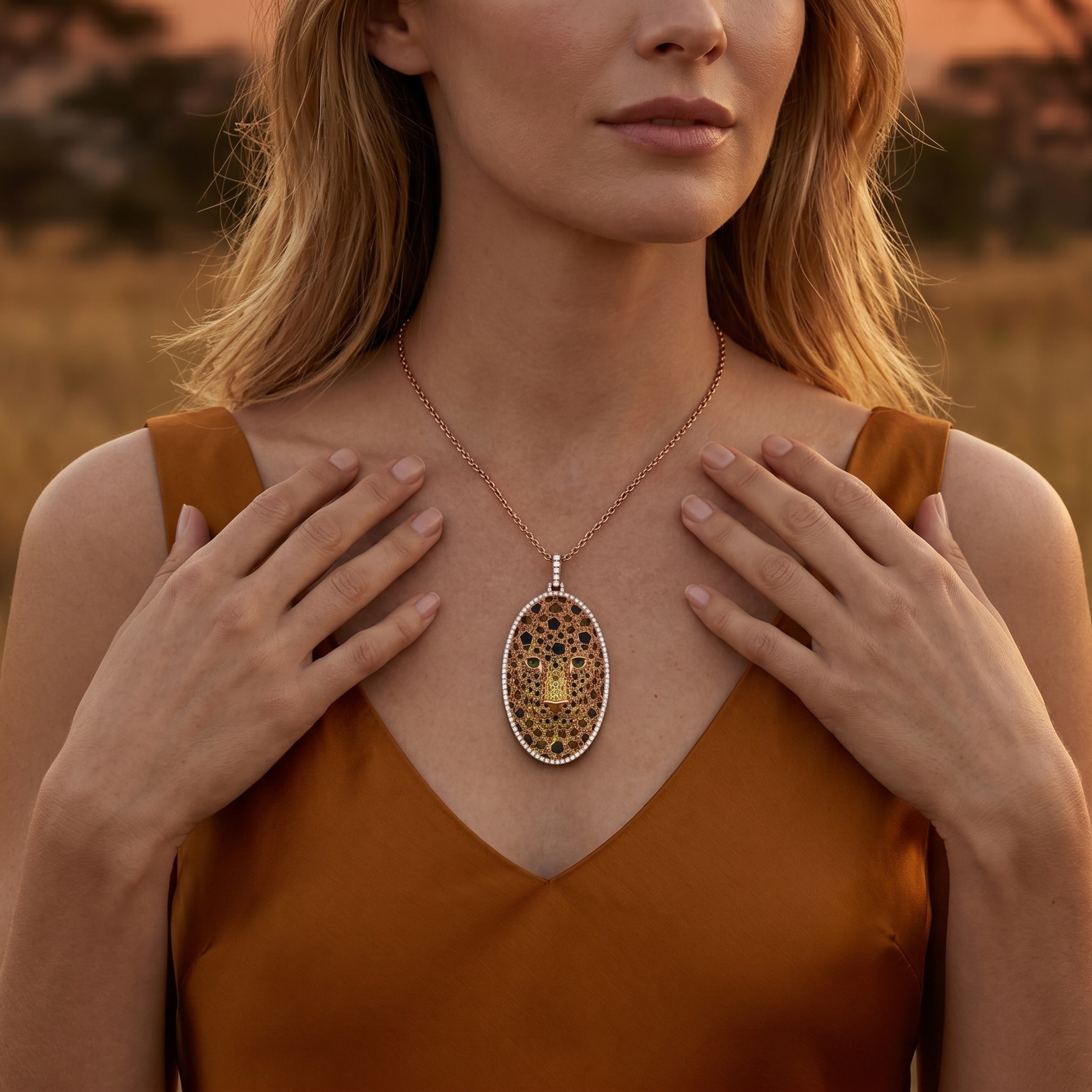 18KT Rose Gold & Sterling Silver Enamel, Tsavorite & Diamond Leopard Pendant