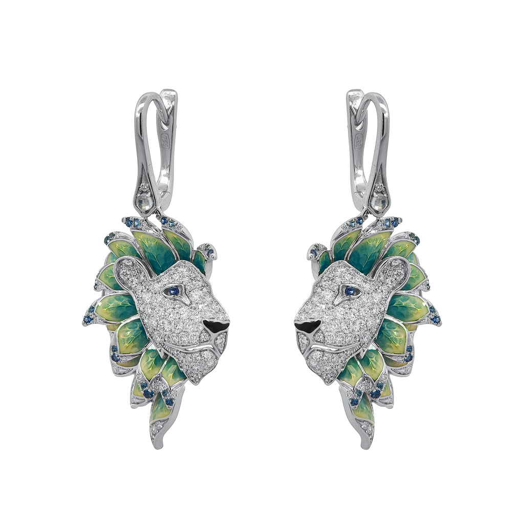 18KT Yellow Gold Enamel, Moonstone, Sapphire & Diamond Earrings