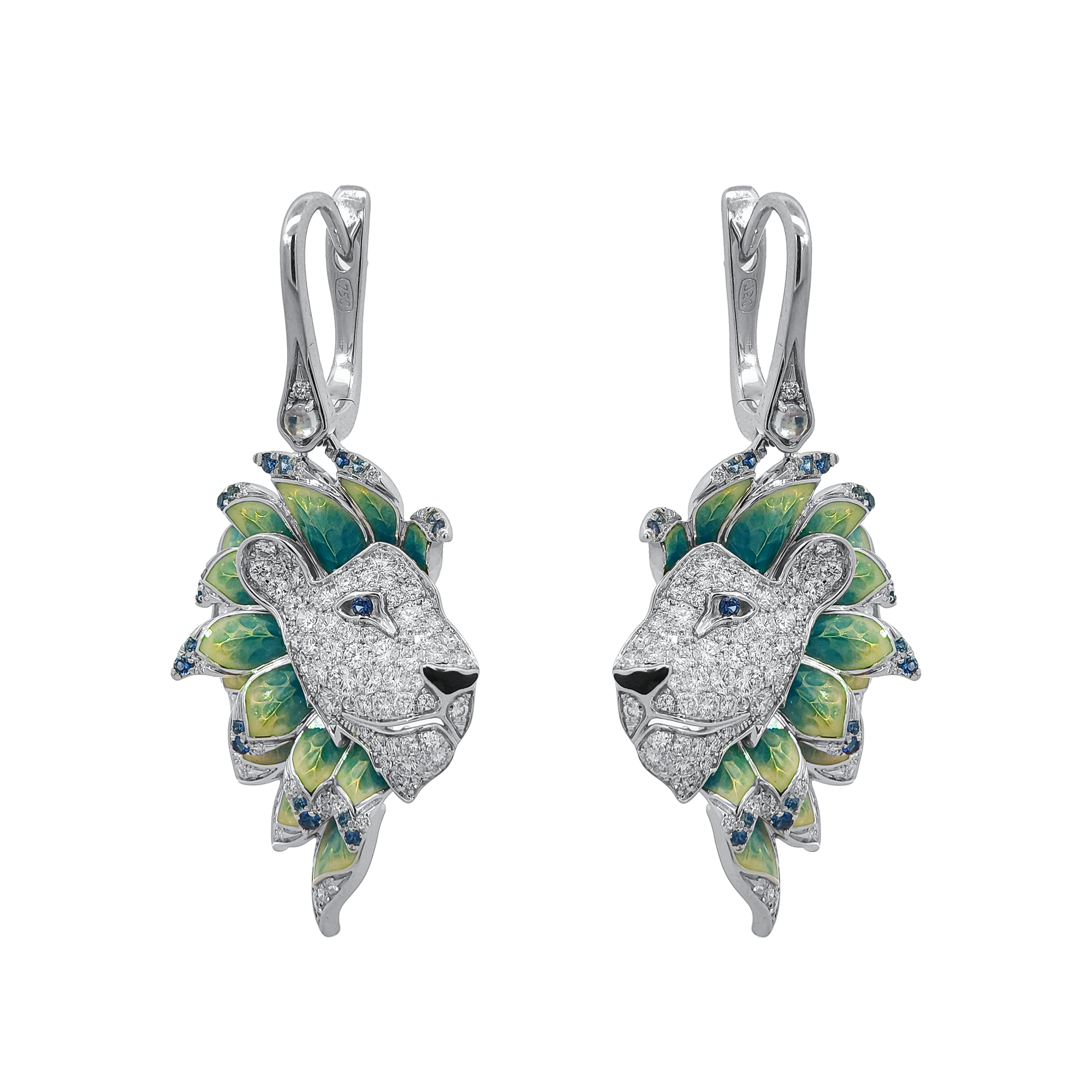 18KT Yellow Gold Enamel, Moonstone, Sapphire & Diamond Earrings