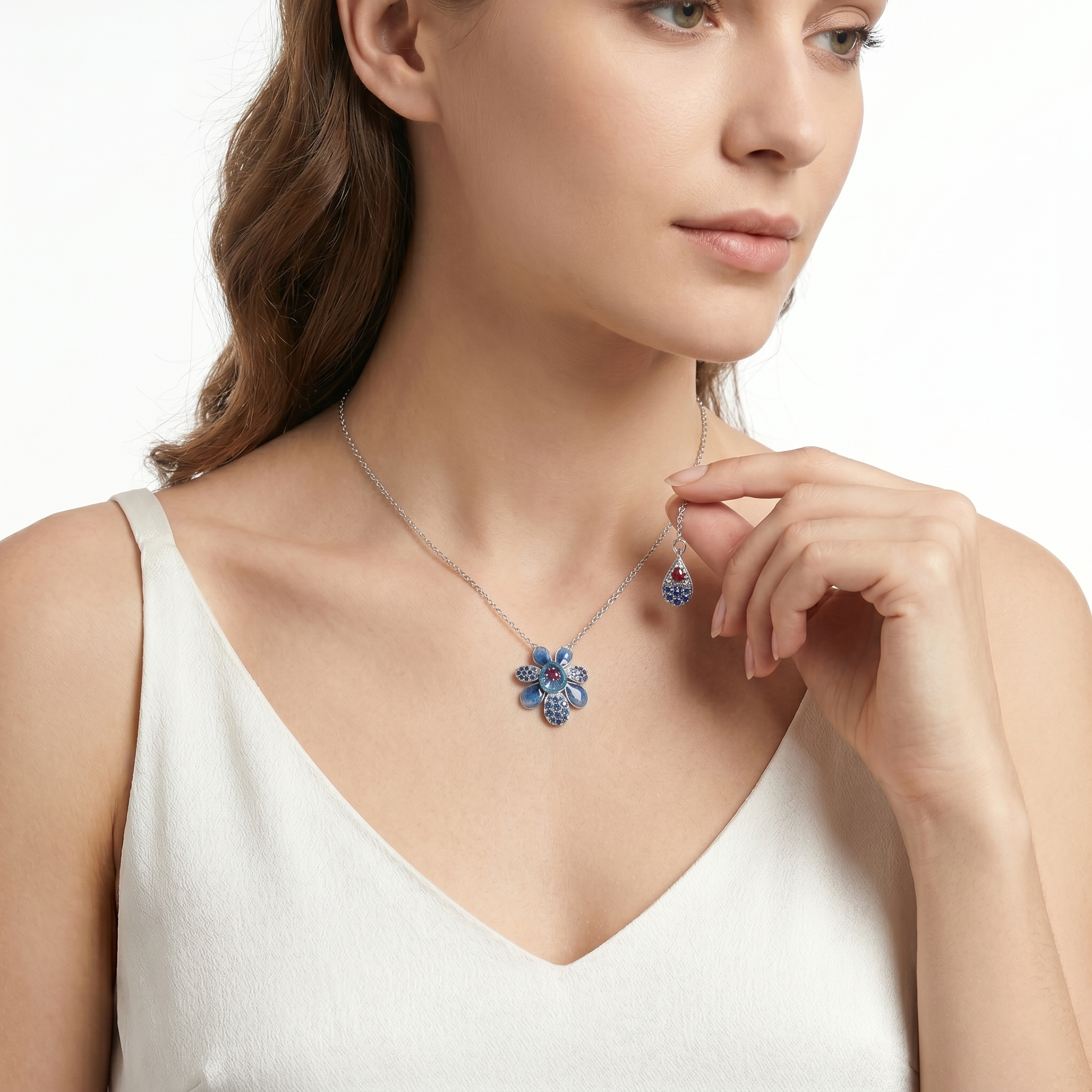 18KT White Gold Ruby, Sapphire & Crystal Enamel Diamond Necklace