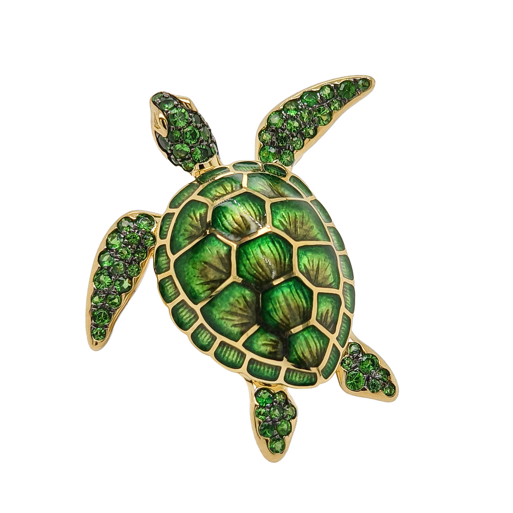 18KT Yellow Gold with Enamel, Tsavorite & Yellow Diamond Turtle Brooch / Pendant