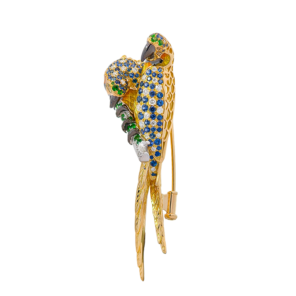 18K White & Yellow Gold Duet Parrots Brooch with Sapphires, Tsavorites, Diamonds & Enamel