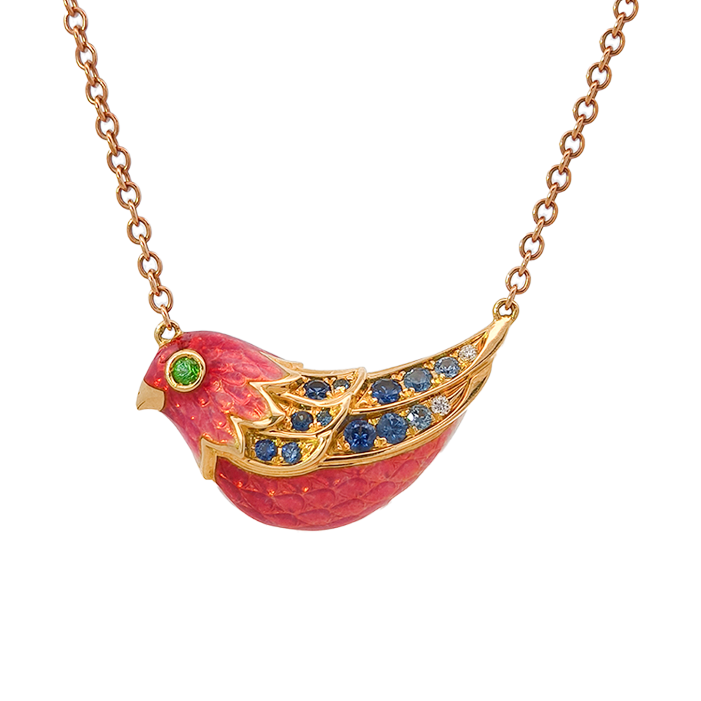 18KT Rose & Yellow Gold Bloom Necklace with Enamel, Sapphires, Tsavorite & Diamonds