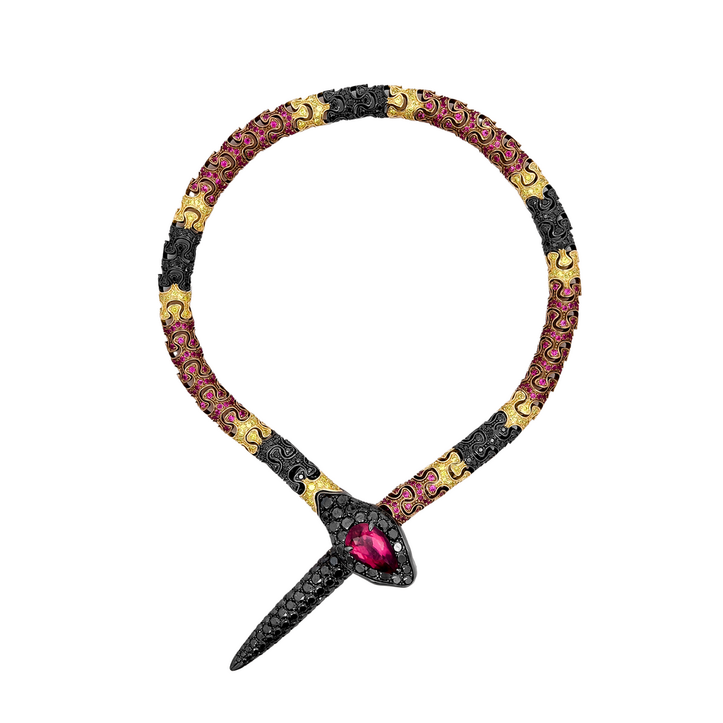 18KT Yellow Gold with Black Rhodium & Brown Rhodium , Ruby & Diamond Snake Bracelet