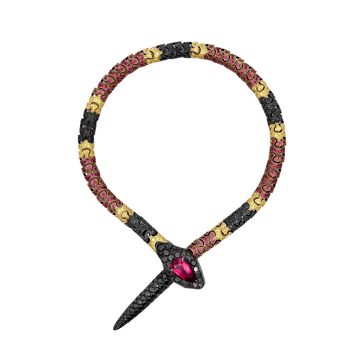 18KT Yellow Gold with Black Rhodium & Brown Rhodium , Ruby & Diamond Snake Bracelet