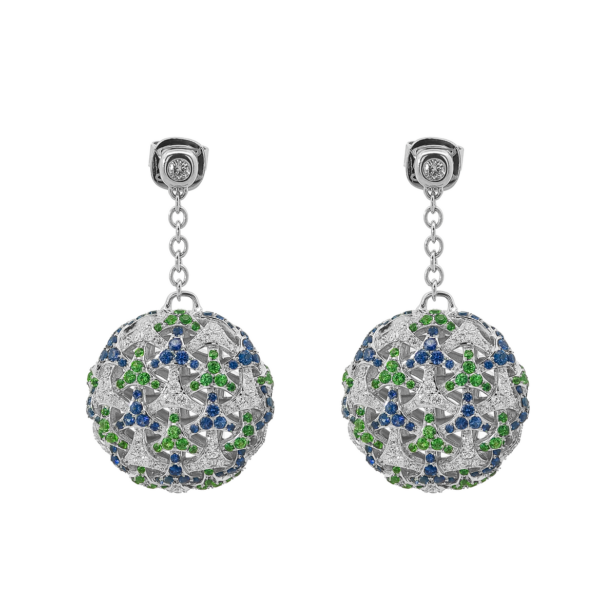 18KT White Gold Tsavorite & Sapphire & Diamond Earrings